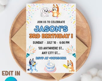 Editable Bluey Birthday party Invitation Template (5x7) Digital downloadable Product