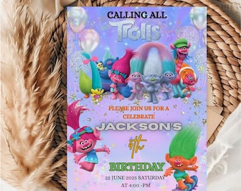 Editable Troll Birthday Party Invitation Template (5x7) Digital downloadable Product