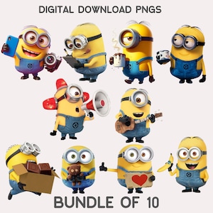 May include: Digital download PNGs featuring a bundle of 10 Minion characters in various poses. The Minions are yellow with blue overalls and goggles. Some hold items like a phone, camera, coffee mug, and banana. The text "BUNDLE OF 10" is at the bottom.