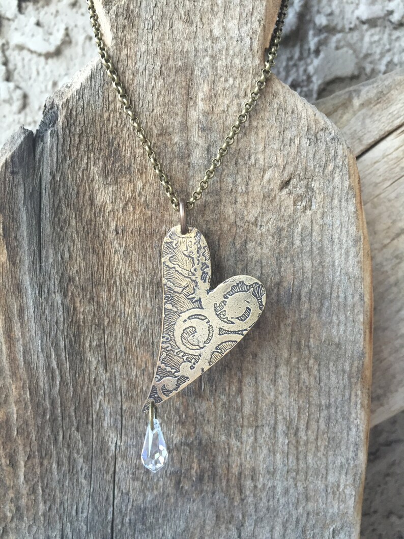 Offset heart necklace pendant jewelry etched vintaj brass Etsy