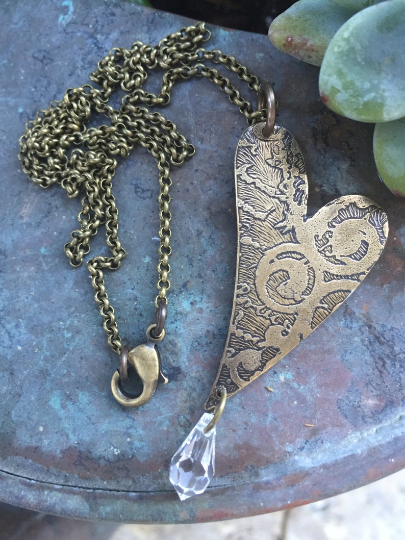 Offset heart necklace pendant jewelry etched vintaj brass Etsy