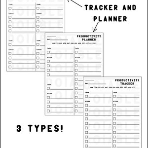 Op de afbeelding: Een zwart-wit afbeelding van drie productiviteitstrackers en -planners. De tekst op de afbeelding luidt "Kies tussen tracker en planner" en "3 types!" Elk heeft ruimte voor taken en stappen.