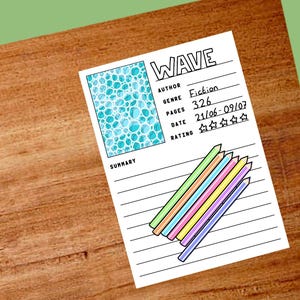 May include: A white paper with the title "WAVE" and details like "Fiction" genre, 326 pages, and a date range. The paper has a blue and white abstract image and colorful pencils.