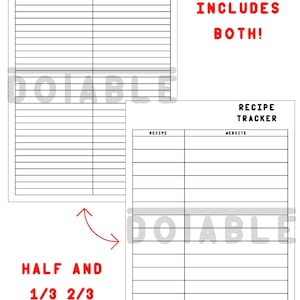 May include: Two white recipe tracker sheets with the words "RECIPE TRACKER" at the top. The sheets have columns labeled "RECIPE" and "WEBSITE". The text "INCLUDES BOTH!" is in red. The text "HALF AND 1/3 2/3" is also in red.