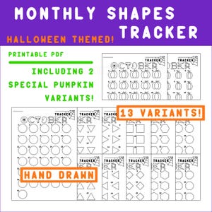 Pode incluir: Um rastreador de formas com tema de Halloween em PDF imprimível com o texto "Monthly Shapes Tracker". O rastreador inclui 2 variantes especiais de abóbora e um total de 13 variantes. As palavras "Hand Drawn" também são visíveis.