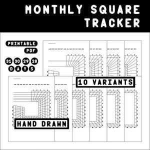 Könnte beinhalten: Ein schwarz-weißes, druckbares PDF mit einem "Monthly Square Tracker"-Design. Das Design umfasst 10 Varianten mit Optionen für 31, 30, 29 und 28 Tage. Die Worte "Hand Drawn" sind ebenfalls enthalten.