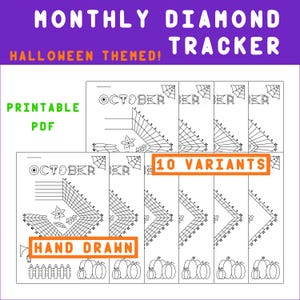 Pode incluir: Uma coleção de rastreadores de diamantes em PDF imprimíveis com tema de Halloween. Os designs incluem teias de aranha, abóboras e a palavra "Outubro". O texto "10 Variants" e "Hand Drawn" também é visível.