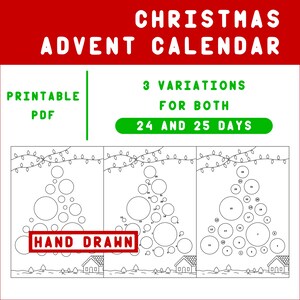 Könnte beinhalten: Ein druckbarer PDF-Adventskalender mit drei Variationen für 24 und 25 Tage. Das Design zeigt handgezeichnete Weihnachtsbäume mit nummerierten Kreisen, Lichterketten und Häusern.