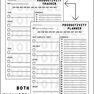 Op de afbeelding: Zwart-wit afdrukbare productiviteitstracker en planner. De tekst "CHOOSE BETWEEN TRACKER AND PLANNER! BOTH INCLUDED!" staat bovenaan en onderaan. De tracker en planner hebben secties voor taken, stappen en planning.