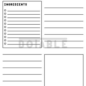 May include: A white recipe card featuring the word "INGREDIENTS" at the top left, followed by a list of lines with circles for checkmarks. The card also has a large blank space for notes and a smaller space for additional information.
