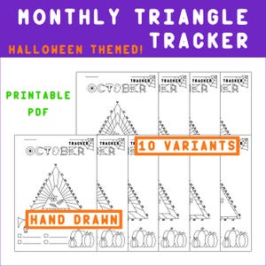 Pode incluir: Um PDF imprimível com um rastreador triangular mensal com tema de Halloween. O design inclui elementos desenhados à mão, com 10 variantes. O rastreador apresenta um triângulo com números e elementos decorativos e a palavra "Outubro".
