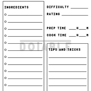 May include: A monochrome recipe template with labelled sections for ingredients, difficulty, rating, prep time, cook time, and tips. Includes checkboxes for ingredients and space for notes.