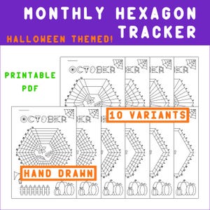 May include: A printable PDF featuring a Halloween-themed monthly hexagon tracker. The design includes spiderwebs, pumpkins, and the word "October." The image shows 10 variants, hand-drawn with a purple and green color scheme.