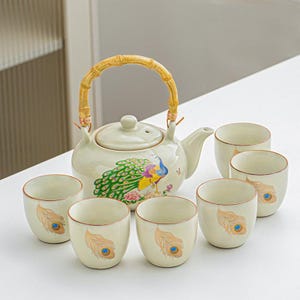 Peacock Teapot Cup Set | Handmade Ceramic Tea Set | Vintage Japanese Tea Set | Bamboo Handle Kung Fu Tea Set |An Elegant Gift For Tea Lovers