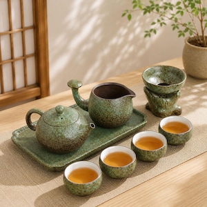 Juego de té rústico japonés, tetera de cerámica verde, juego de ceremonia del té hecho a mano, regalo de artículos de té vintage, juego de té Kung Fu, decoración zen para el hogar para amantes del té.