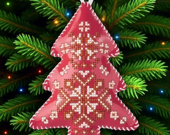 May include: Red Christmas tree decoration with a white stitched border and a white ribbon. The tree-shaped decoration has a detailed cross-stitch design in white and brown, resembling a snowflake. It's set against a backdrop of green pine needles, with festive lights.