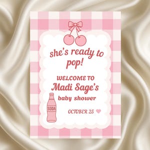 Plaque de bienvenue rétro cerise baby shower : thème soda Vichy rose (enseigne numérique imprimable)