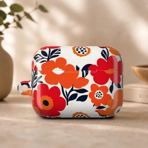Mod Flower Airpods Case Gen 1 2 3 4 Pro 1 2, Scandinavian Floral Earbud Shell, Bold Red Orange Pattern Gift for Friend, Tech Sleeve 00473