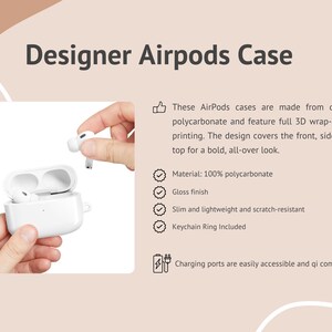 May include: White Designer Airpods Case. Made from durable polycarbonate with a glossy finish. The design covers the front, sides, and top. It is slim, lightweight, scratch-resistant, and includes a keychain ring. Charging ports are easily accessible.