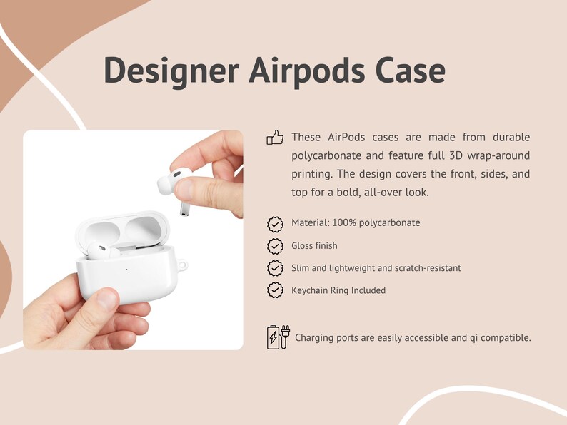 May include: White Designer Airpods Case. Made from durable polycarbonate with a glossy finish. The design covers the front, sides, and top. It is slim, lightweight, scratch-resistant, and includes a keychain ring. Charging ports are easily accessible.