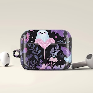 Cute Ghost Airpods Case, Kawaii Halloween Case, Pastel Goth Airpod Cover, Bat Ghost Case, Spooky Cute Gift, Purple Floral Airpods Case 0079