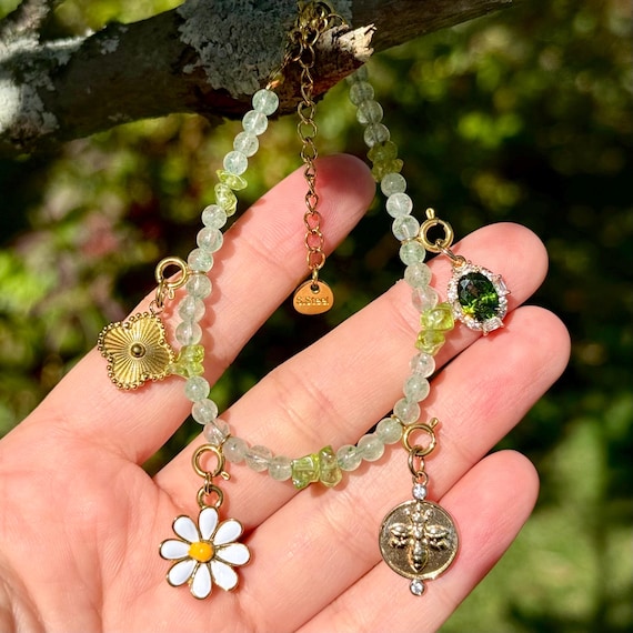 Bohemian Green Aventurine Gemstone Silver Buddha Charm  Bohemian green aventurine gold coin charm bracelet display picture 1