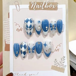 Blue Porcelain Press On Nails, Vietnamese Ceramic Nail Art, Vintage Blue Floral Press On Nails, Classic Porcelain Nails, Reusable Fake Nails