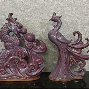Jun Ware Dragon & Phoenix Figurines: Handcrafted Ceramic Sculpture Set