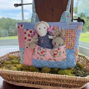 Handmade Patchwork Quilted Girls Tote Bag  Shopping Tote Pink  & Blue  Fabric Outside Pockets Sweet Pals Carry Tote High Quality