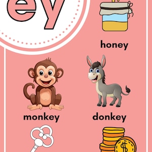 May include: Educational poster with the letters "ey" in a black outline. Illustrations include honey, a monkey, a donkey, a key, and money, each with its corresponding word. The background is light pink.