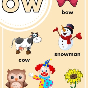 May include: Educational poster featuring the letters "OW" with illustrations of a bow, cow, snowman, owl, clown, and flower. The images are colorful and cartoon-like, designed for early learning.