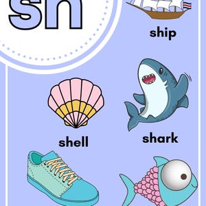 May include: Educational poster with the letters "sh" in blue, surrounded by illustrations of a ship, shark, shell, shoe, and fish. Each image is labeled with its corresponding word in black text on a light blue background.