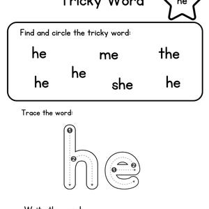 Op de afbeelding: Een zwart-wit werkblad met de titel Tricky Word en een ster met het woord he. Het bevat een sectie om het woord he te vinden en te omcirkelen tussen me, the en she, een grote omlijnde he om over te trekken met genummerde pijlen en schrijflijnen.
