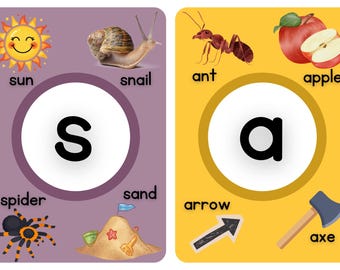 May include: Educational flashcards featuring the letters "S" and "A". The "S" card shows a sun, snail, spider, and sandcastle. The "A" card displays an ant, apple, arrow, and axe. Each card has a large letter in a white circle.