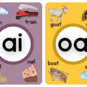 Peut inclure: Deux cartes éducatives avec des illustrations et des mots. L'une présente les lettres "ai" avec des images de pluie, train, escargot et ongle. L'autre montre "oa" avec chèvre, crapaud, bateau et savon. Les cartes sont violettes et jaunes.