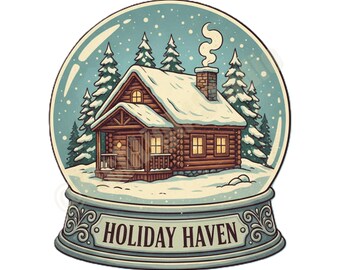 Holiday Haven Snow Globe: Cozy Cabin Winter Scene Emblem PNG | Christmas Decor Digital Download