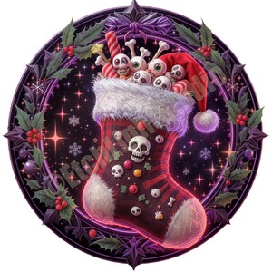 May include: A festive, gothic-themed Christmas stocking illustration. The red and black plaid stocking is adorned with skull and bone details, and filled with skull-shaped candies and a Santa hat. The image is framed by a purple wreath with holly and berries.