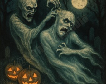 Spooky Ghosts Halloween PNG Sticker | Vintage Sublimation Decal for Creepy Designs | 300 DPI