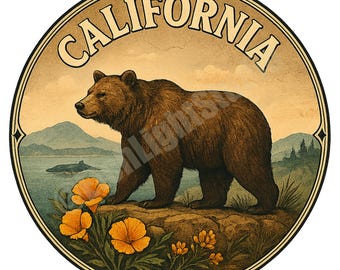 Emblema vintage de oso grizzly de California / PNG digital para sublimación e impresión DTF / 3500 x 3500