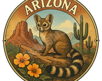 Arizona Ringtail Cat State Emblem | Vintage Circular Design | PNG Download for Sublimation & DTF