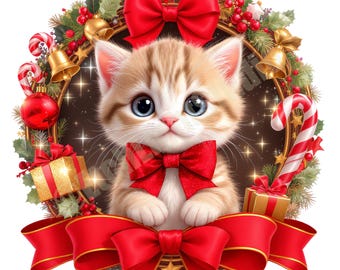 Festive Baby Kitten Christmas Wreath Emblem PNG - Holiday Cat Clipart for Sublimation, Stickers & Crafts