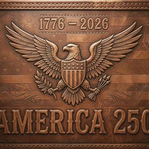Puede incluir: Placa de cuero marrón repujado con el texto "1776-2026" y "AMERICA 250". La placa presenta un relieve detallado de un águila con las alas extendidas, sosteniendo una rama de olivo y flechas, y un escudo.