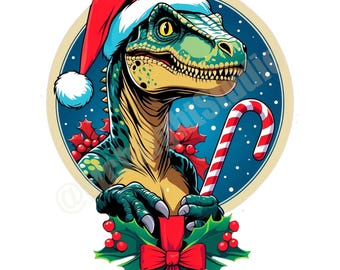 Emblema navideño de Velociraptor: Dinosaurio divertido PNG para manualidades, sublimación y regalos navideños.