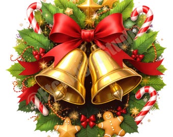 Festive Golden Bell Wreath PNG | Christmas Holly Emblem | Transparent Holiday Clipart for Sublimation