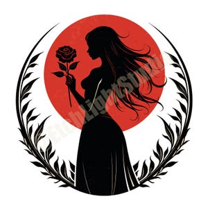 Może przedstawiać: Czarna sylwetka kobiety trzymającej różę na tle czerwonego koła. Kobieta ma długie, powiewające włosy i jest otoczona dekoracyjną, kwiatową obwódką. Obraz ma styl vintage i artystyczny.