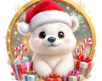 Jolly Polar Bear Christmas Emblem | Transparent PNG for Holiday Crafts, Sublimation, Stickers, Kids Shirts