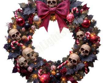 Gothic Skull Christmas Wreath Digital Download: Creepy Festive Emblem PNG for Dark Holiday Decor