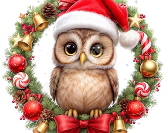 Corona navideña de búho bebé festivo (imágenes prediseñadas PNG) - Descarga digital para manualidades navideñas y sublimación