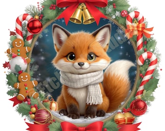 Adorable Holiday Fox Wreath Clipart: Christmas PNG for Sublimation, Stickers, Mugs & Cards