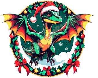 Festive Pterodactyl Christmas Emblem: Funny Dino with Santa Hat PNG for Holiday Crafts & Gifts